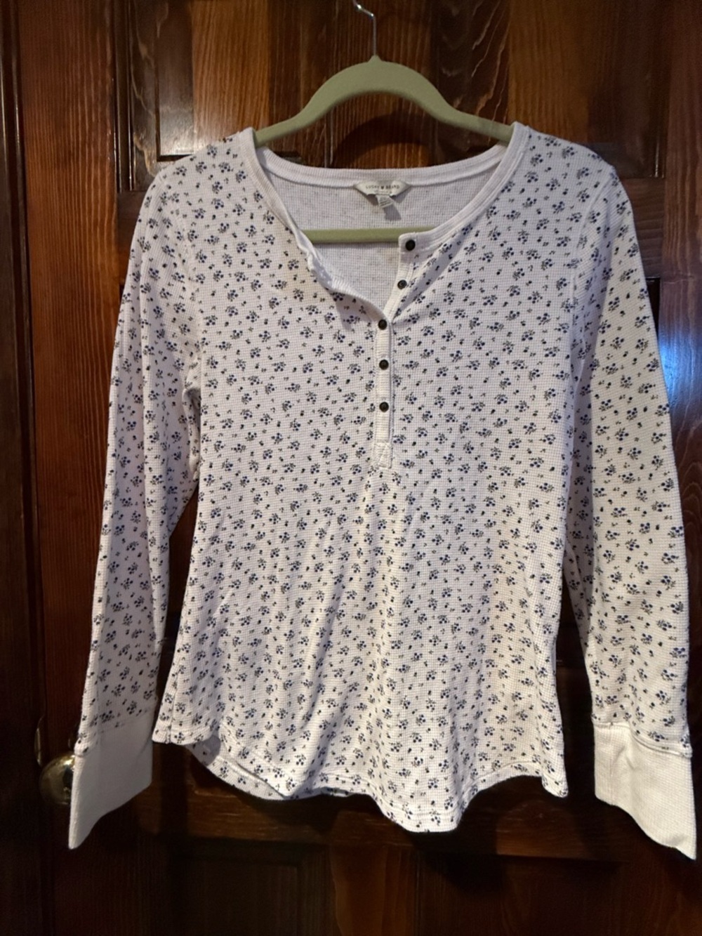 Lucky Brand waffle White Henley Long Sleeve Top with Navy Floral Print